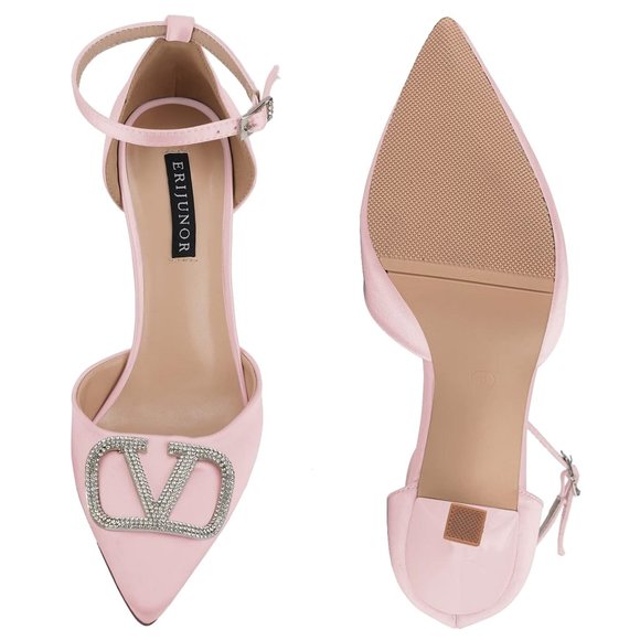ERIJUNOR Pink Ankle Strap Satin Heels With Rhinestone Brooch  NEW IN BOX!!! - Picture 4 of 12